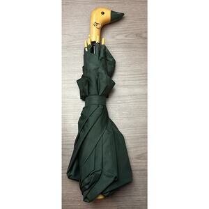 Vintage 1980s Green Raines Premier Wood Duck Handle Push Button Compact Umbrella